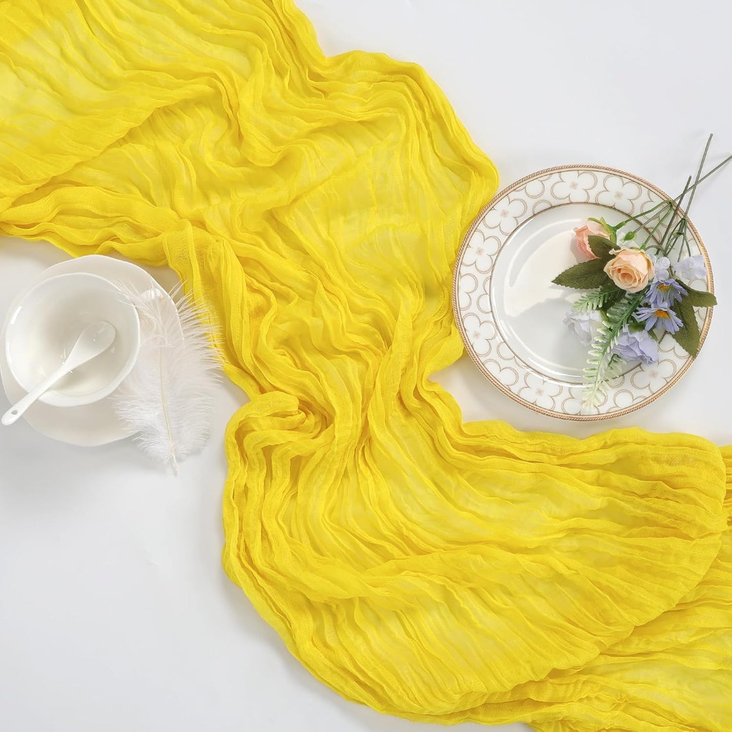12 Pack Lemon Yellow Cheesecloth Table Runner 17 x 108 Inch | Boho Gauze Cheese Cloth Fabric Rustic Sheer for Holiday Baby Shower Party Birthday Home Wedding Decoration