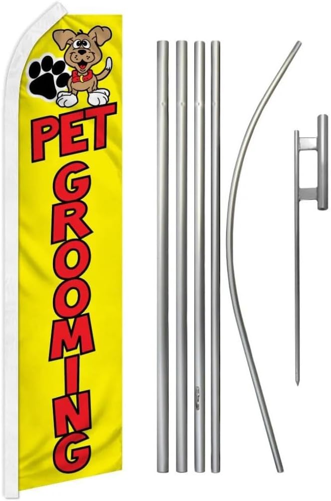 Alternative Novelties Pet Grooming Yellow 2.5'x11.5' Super Knit Polyester Advertising Super Swooper Flag With Pole Kit