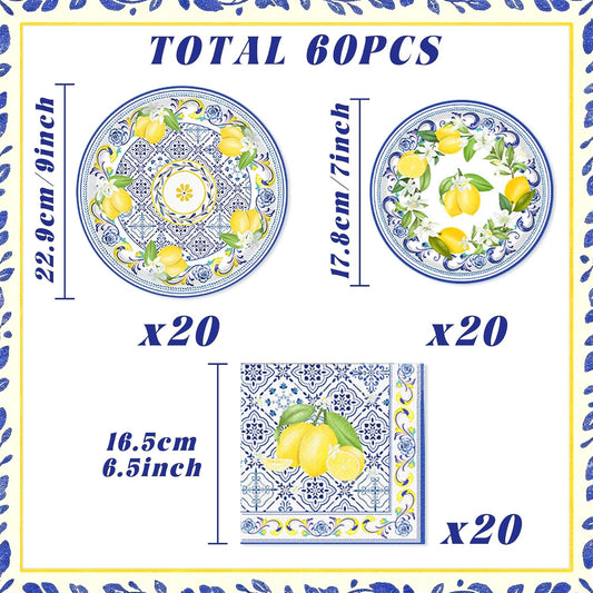 Italian Blue Tile Plates and Napkins Set Capri Lemon Party Decorations Blue and Yellow Lemonade Plates Tableware Decor Lemon Birthday Party Supplies