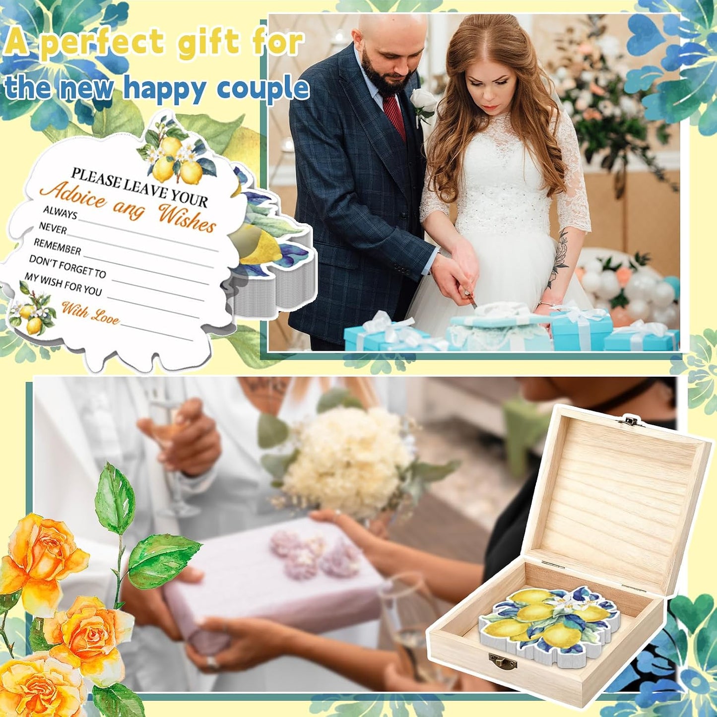 Wooden Collection Box Wedding Party Use,60 Pcs Lemon Bridal Shower Decorations with Wooden Keepsake Box, Advice and Wishes Cards Set, Lemon Themed Party Decorations for Wedding, Citrus Bridal Shower