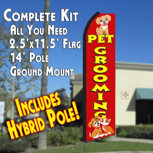 PET GROOMING (Red/Yellow) Flutter Feather Banner Flag Kit (Flag, Pole, & Ground Mt)