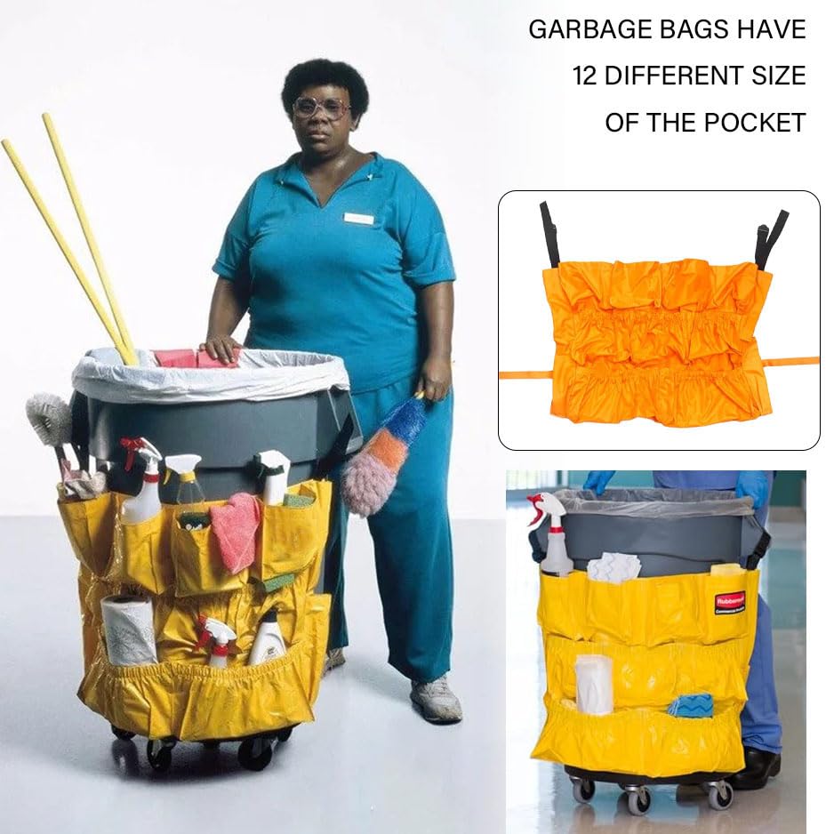 Yellow Trash Can Caddy Bags for Garbage Bins,10 Pockets Commercial Cleaning Caddy Bag,Fit 32-50 Gallon Can,Garbage Bin Caddy Organizer