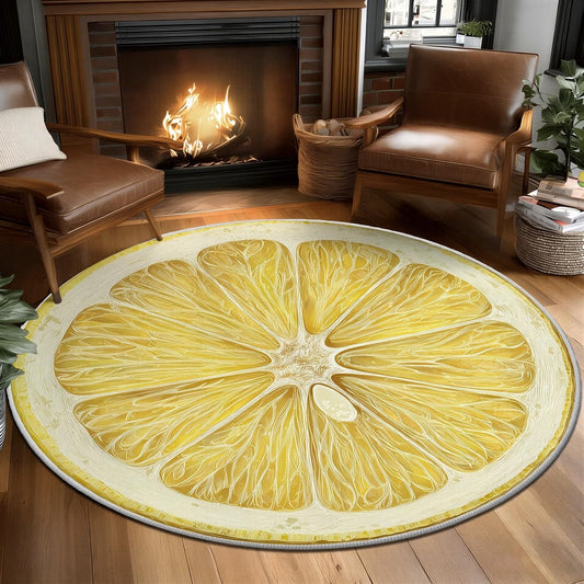Round Washable Rugs Fruit Lemon Decor, Yellow Circle Rug for Nursery Girl, Soft Plush Area Rug Bedroom Living Room, Non-Slip Washable Floor Carpet 4 ft