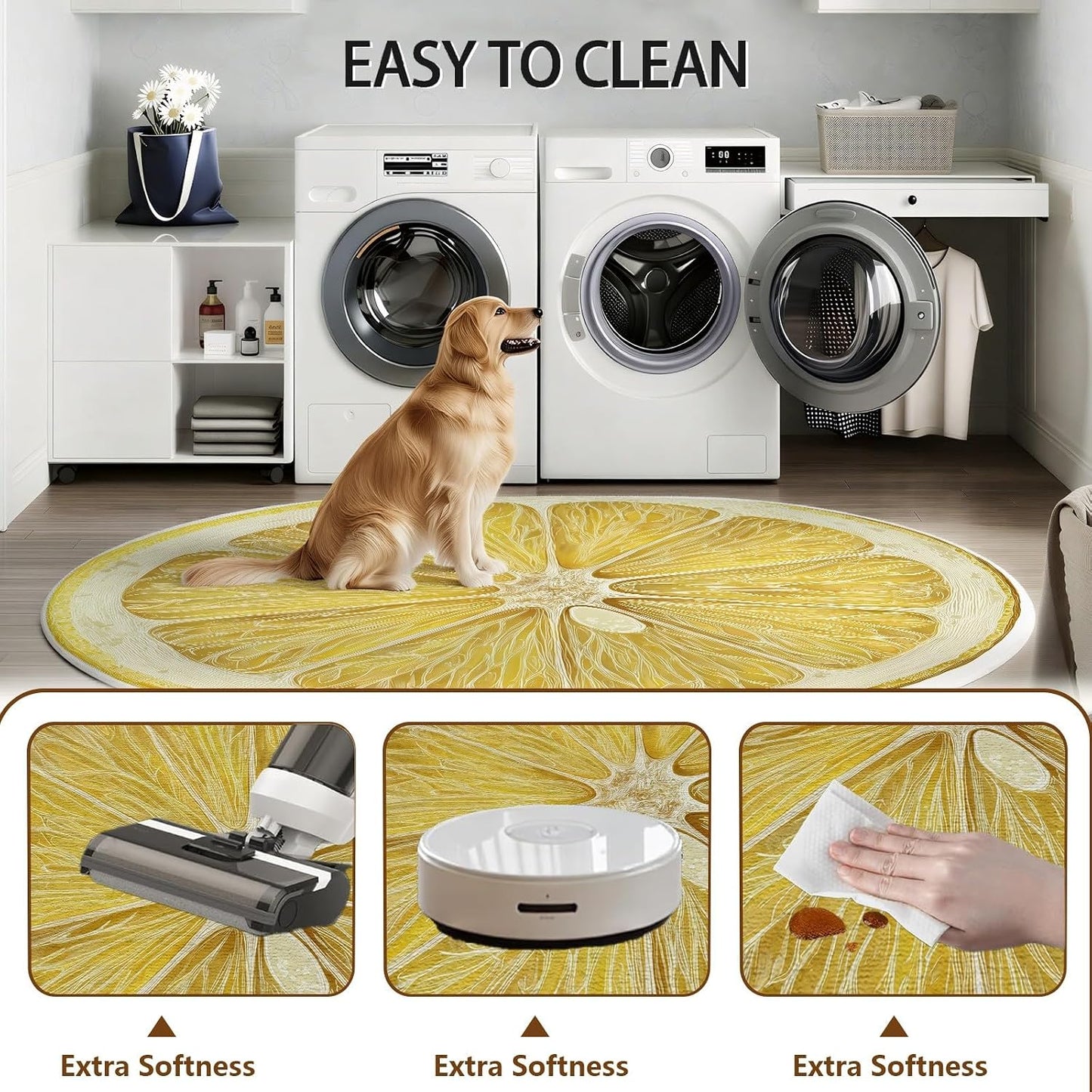 Round Washable Rugs Fruit Lemon Decor, Yellow Circle Rug for Nursery Girl, Soft Plush Area Rug Bedroom Living Room, Non-Slip Washable Floor Carpet 4 ft