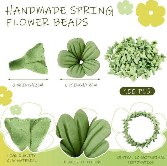 100 Pcs Pakalana Clay Flowers Beads Handmade Cowslip Creeper Clay Flower Beads with Pre-drilled Holes for Earrings Necklaces Jewelry Making Floral Creations DIY Craft Supplies (Green)
