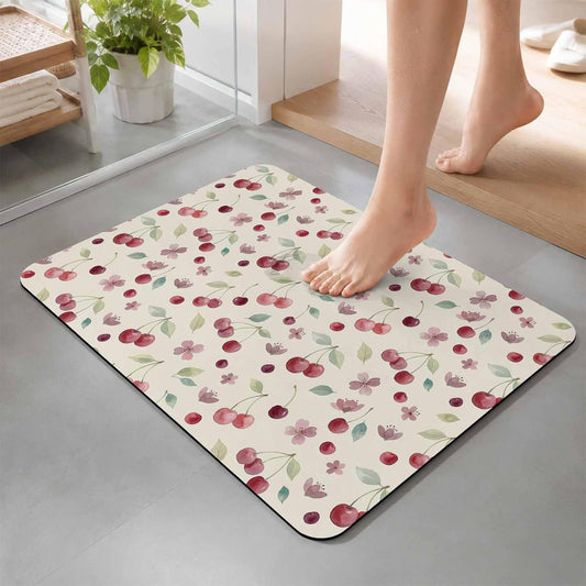 Bath Mat,Diatomaceous Earth Shower Mats Summer Cherry Harvest Flower Non-Slip Bathroom Rug Absorbent Quick Drying Diatomite Stone Door Mat,24x36in Watercolor Fruit on Light Yellow Washable Doormats
