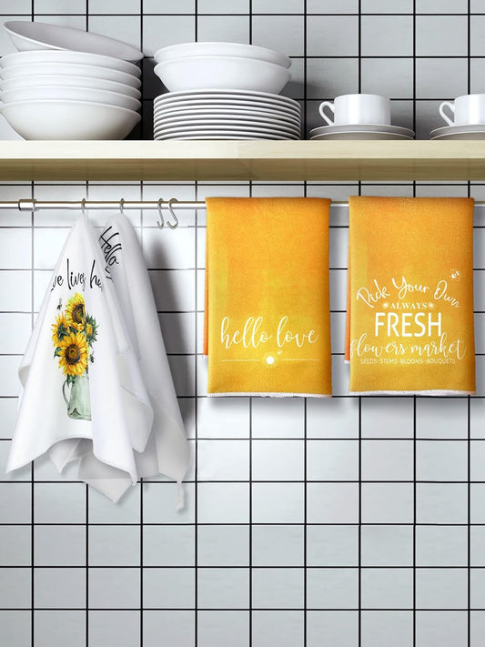 4 Pcs Floral Kitchen Towels Flower Dish Towels Spring Kitchen Decor Sets for Cooking Baking Grilling Bathroom(Yellow,Sunflower)