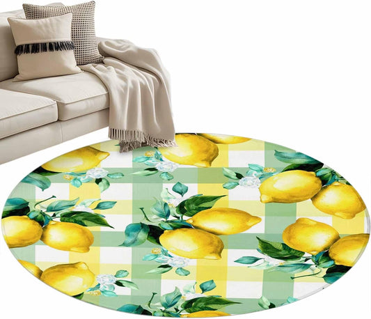 Round Area Rug 3ft, Summer Lemon Fruit Green Leaf Non-Shedding Washable Area Rug, Light Yellow Green Check Non Slip Low-Profile Circle Rugs for Living Room, Bedroom Dining Room