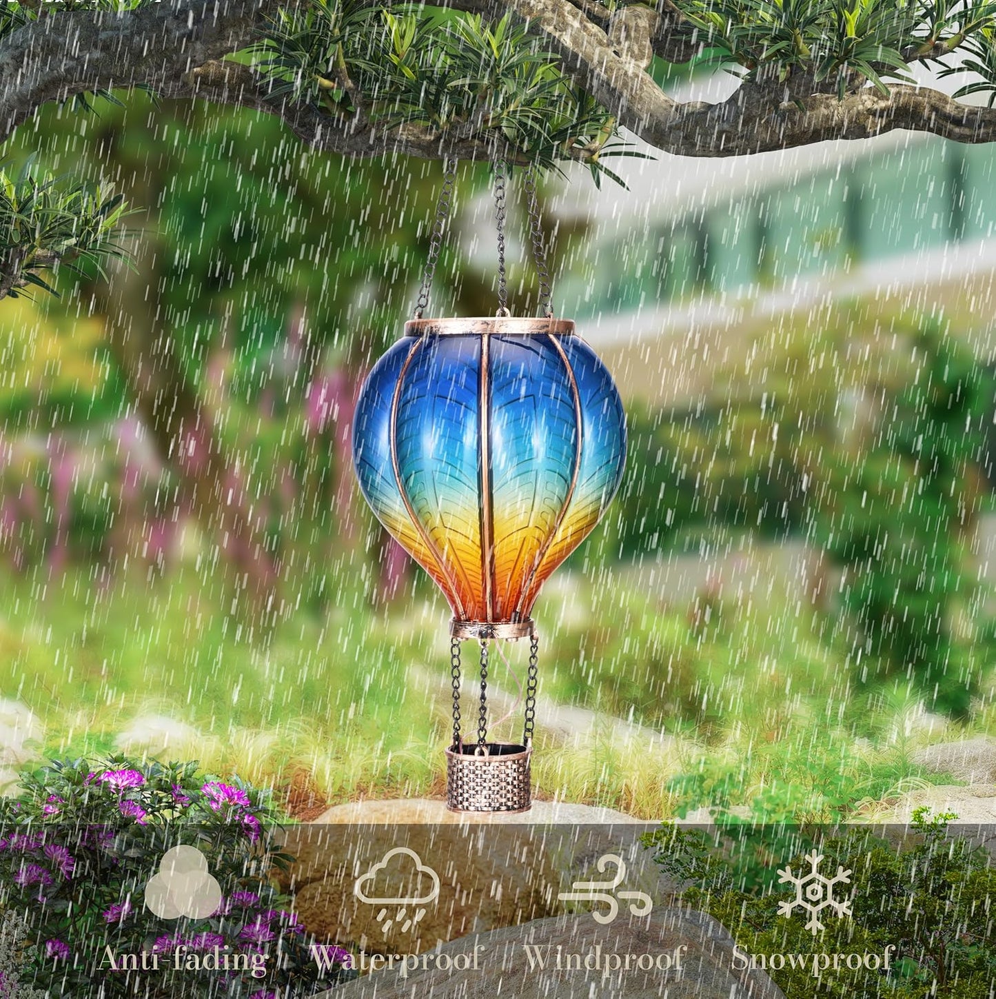 Hot Air Balloon Lantern for Garden Decor ,Flickering Flame Hanging Light for Outdoor ,Blue & Yellow Plastic Lamp for Yard Tree Gift for Mom