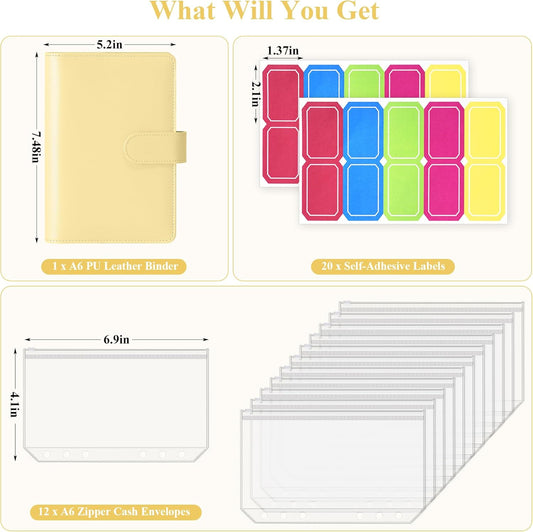 A6 Budget Binder with Zipper Cash Envelopes for Money Organizer & Budgeting, PU Leather Budget Planner Money Saving Binder with Cash Stuffing Envelopes & Labels for Home Office Travel, Yellow