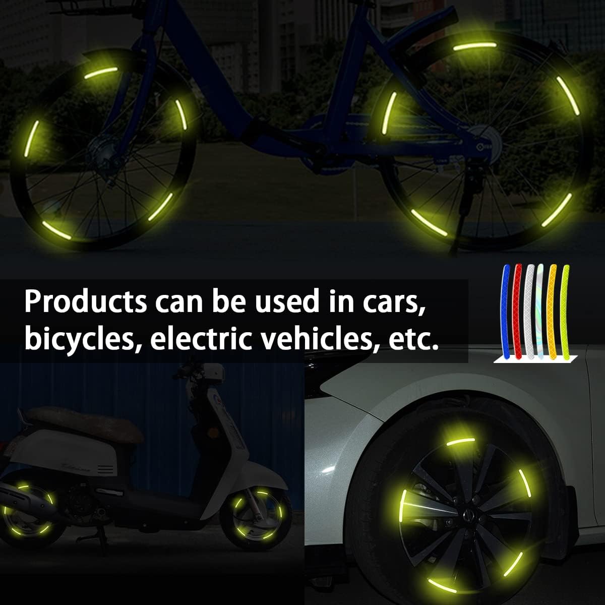 20PCS Reflective Car Wheel Decorative Stripe Stickers, Night Safety Warning Tape Sticker, Anti-Scratch Tire Rims Sticker, Auto Decals Exterior Fluorescent Accessories for Motocycle Bike (Yellow)