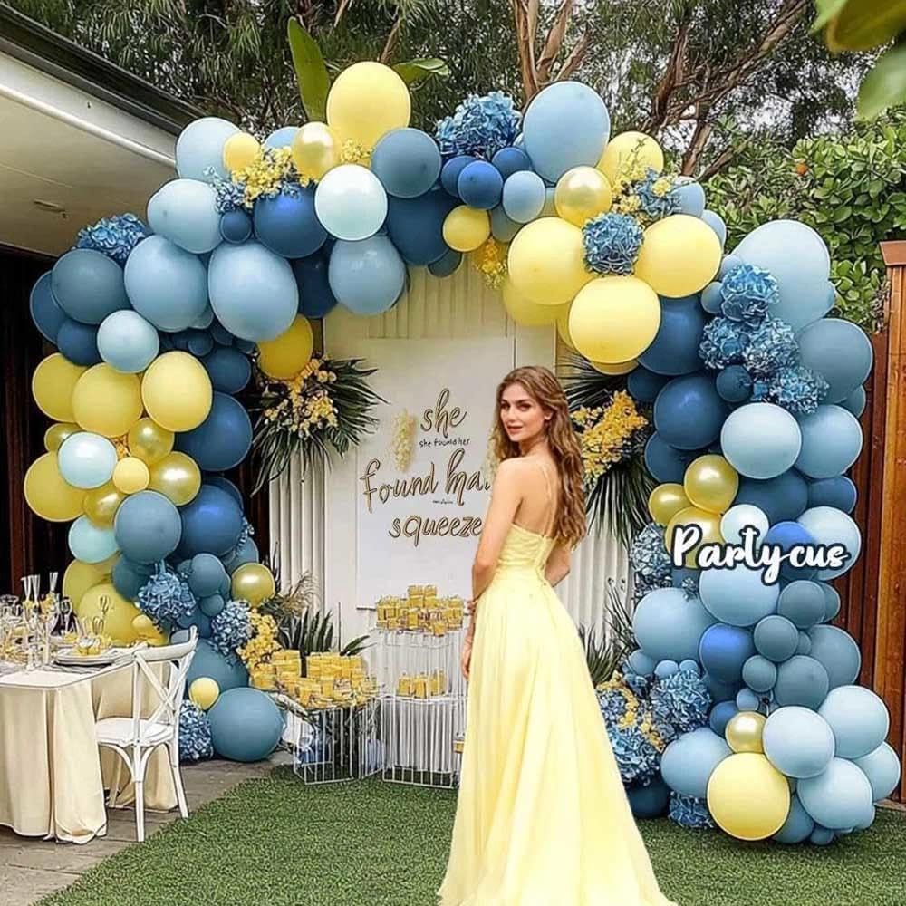 Dusty Blue Yellow Balloon Arch Kit Double Stuffed Dark Pastel Blue Light Yellow Pearl Balloon Garland for Birthday Bridal Wedding Baby Shower Lemon Summer Party Decoration