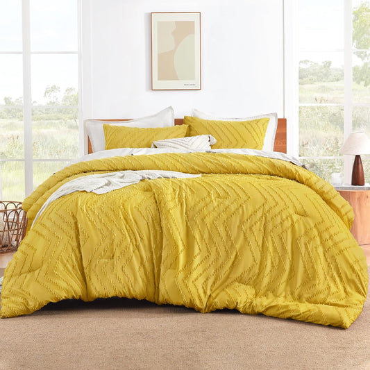 Boho King Comforter Set, 3 Pcs Yellow Lightweight Bedding Set