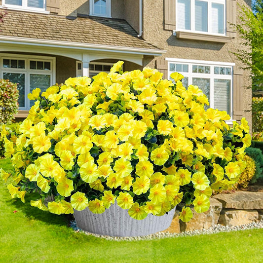 Artificial Outdoor Flowers 16 Bundles Fake Morning Glory Flower Outdoor UV Resistant Plastic Faux Flowers Plants for Decoration Indoor Outdoor Hanging Window Box Planter Home Porch Decor (Yellow)