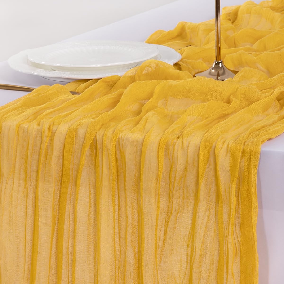 Gold Yellow Cheesecloth Table Runner Summer Boho Rustic Gauze 120 inch 10FT Cheese Cloth Sheer Runner for Wedding Party Baby Shower Birthday Home Decor Holiday Decorations