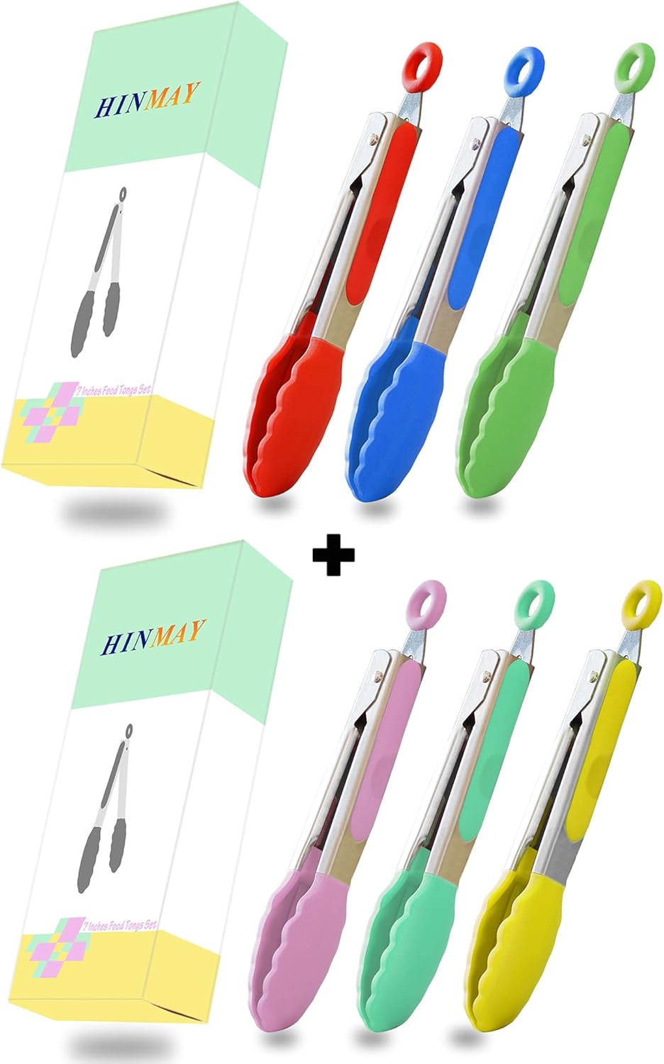 Small Tongs Set 7-Inch Mini Tongs with Silicone Tips, Set of 6 (Red Blue Green Pink Mint Yellow) | Red Blue Green Pink Mint Yellow