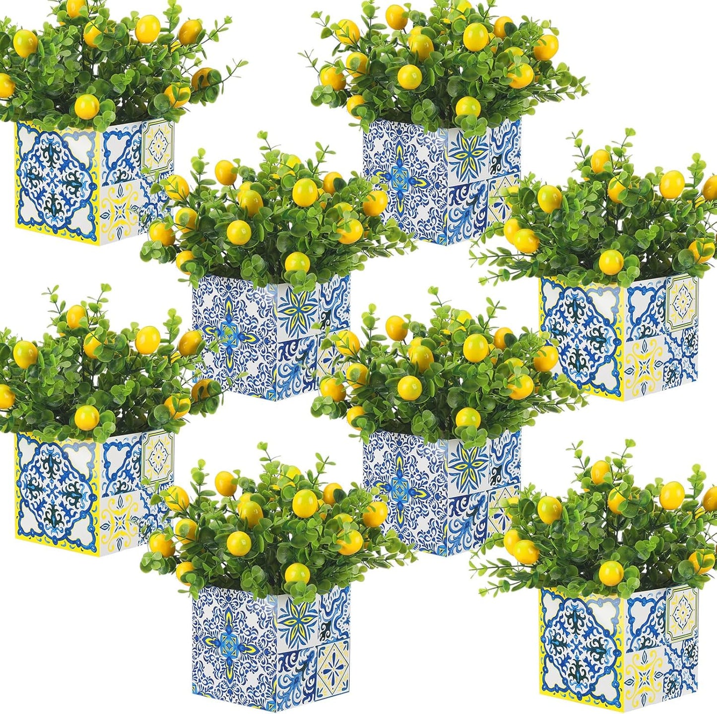Blue Tiles Lemon Table Centerpiece Decor Amalfi Coast Box Decorations with Artificial Lemon Branches for Capri Mediterranean Positano Wedding Birthday Party Decor(4 Sets)