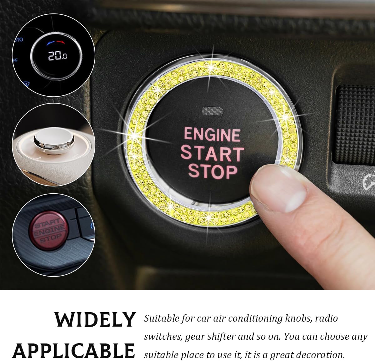 Car Bling Engine Start Ring Decal, Crystal Rhinestone Push to Start Button Cover Sticker, Auto Sparkling Key Ignition Knob Decoration Ring for Women Girls, Car Accessories (Yellow)