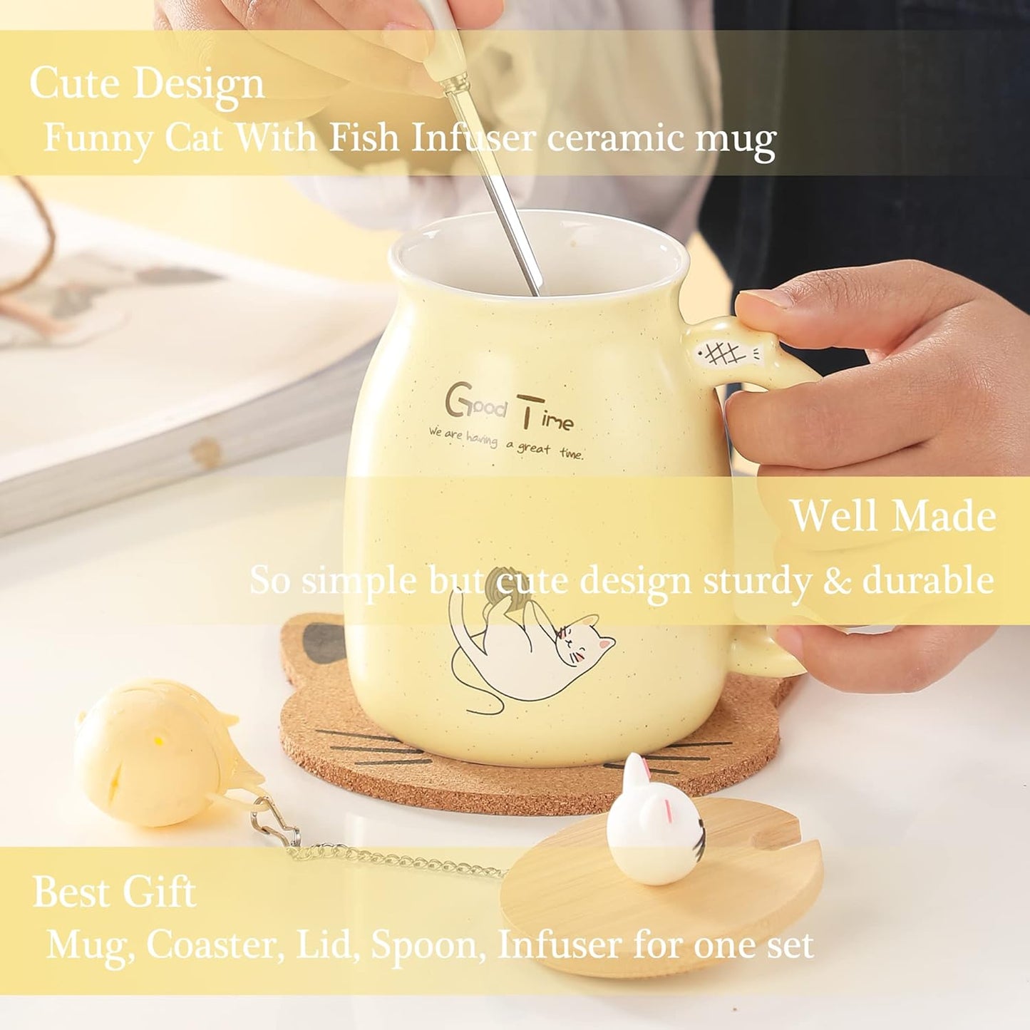 Tea Cup With Infuser and Lid Ceramic Coffee Mug Kawaii Cat Mug Cute Mugs Tea Mug Cute Cool Preppy Stuff Cat Gifts Birthday Gifts Cute Gifts for Women Girls(13oz)