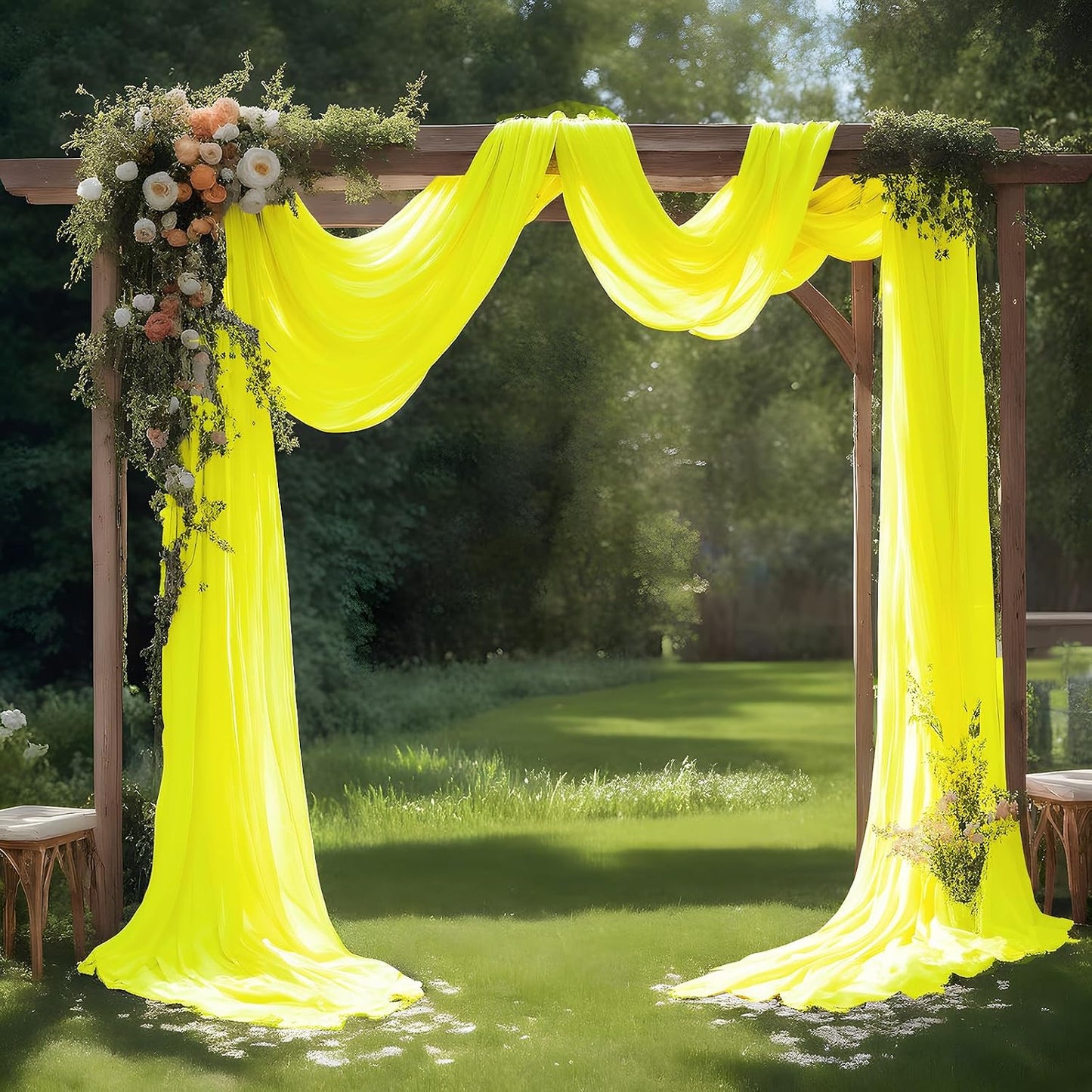 Yellow Wedding Arch Draping Fabric Sheer Curtain Drapes | 31" x 20 ft Extra Long Shimmery Backdrop Curtains for Wedding Anniversary Party Summer Outdoor Events Drapery Photo Backgrounds