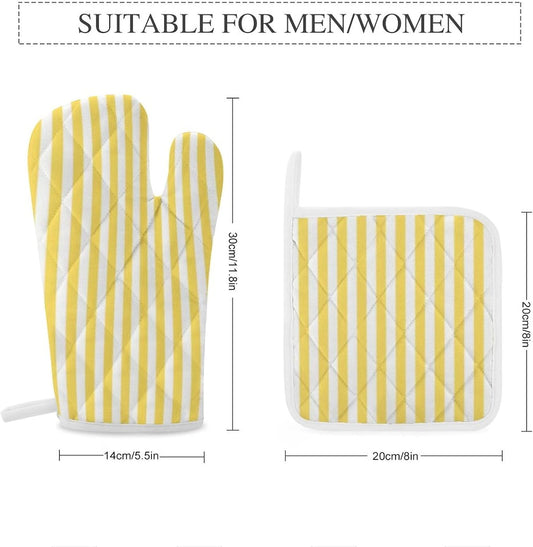 4Pcs Oven Mitts and Potholders, Yellow and White Stripes Pattern Oven Mitts Gloves Set Heat Resistant Hot Pads for Kitchen Cooking Grill