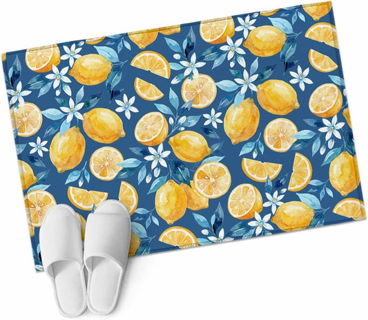Area Rug 2 x 3 Ft, Yellow Lemon Blue Floral Indoor Accent Bathroom Rugs for Kitchen/Laundry Room, Summer Botanical Navy Blue Washable Non-Slip Runner Floor Mat for Entryway, Living Room