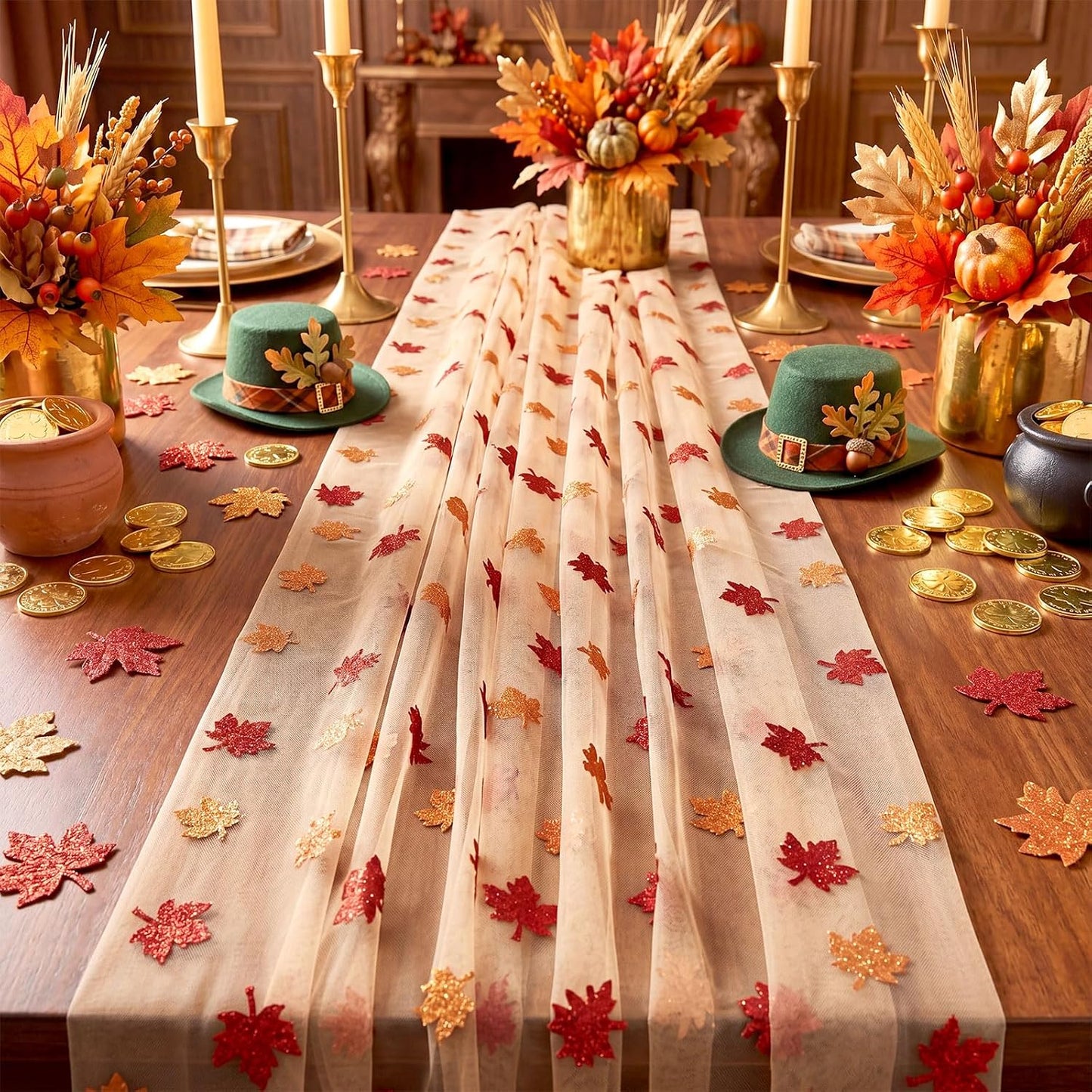 4 Pcs Fall Maple Leaves Table Runners 29.5 x 70 Inch Glitter Orange Tulle Table Runners Yellow Maple Leaves Lace Tablecloth for Autumn Thanksgiving Party Favors Home Kitchen Dining Decor