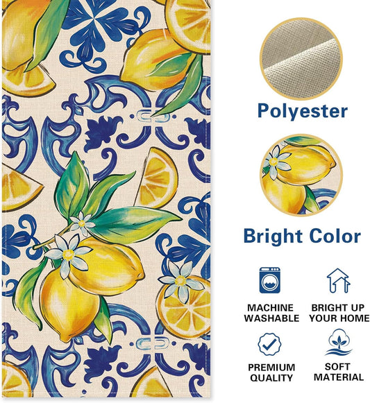 Blue Lemon Italy Tile Pattern Dining Table Runner, Amalfi Coast Italian Capri Citrus Burlap Kitchen Decoration, Summer Mediterranean Indoor Outdoor Home Decor Party Supply 13 x 72 Inches