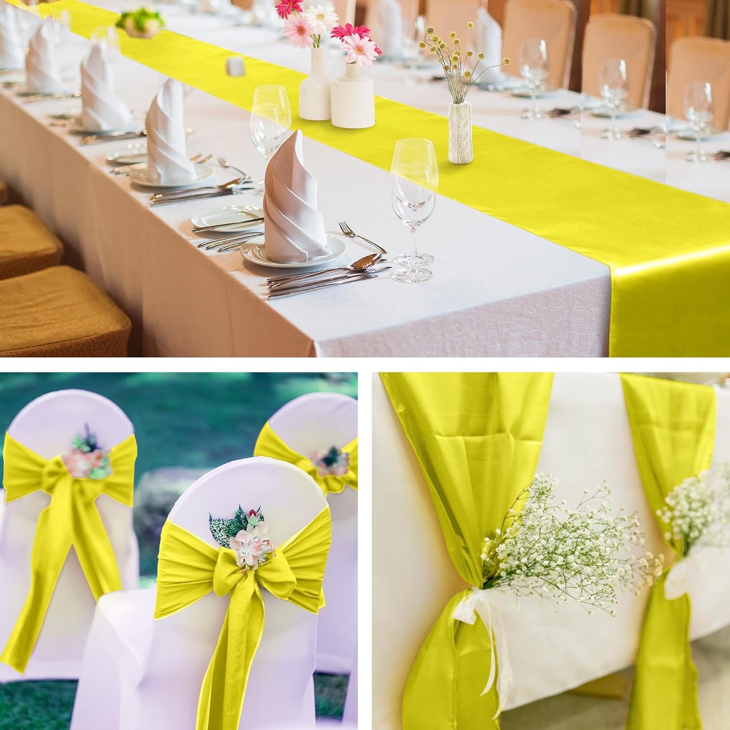 4 Pack Satin Table Runner 12 x 108Inch Long Bright Silk and Smooth Fabric Party Table Runner for Wedding Banquet Party Decoration- Yellow