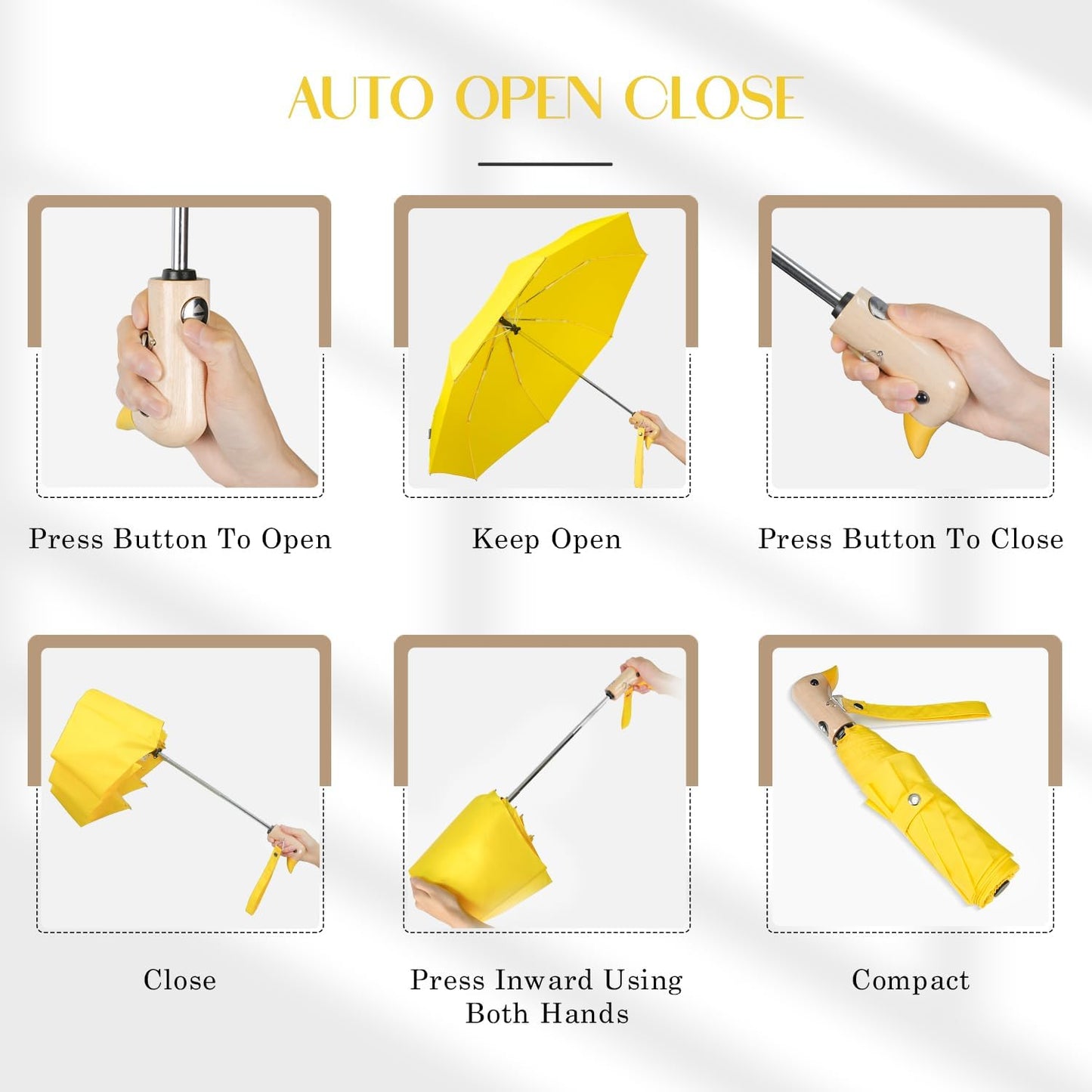 Duck Umbrella Cute Automatic Travel Size Compact Folding for Adults | Automatic duck wooden handle,Fit in handbag/backpack/suitcase,ideal gifts for women and kids