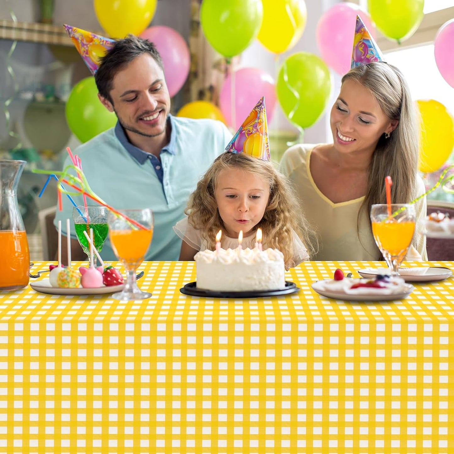3 Pcs Yellow Gingham Tablecloth Decorations, Disposable Plastic Yellow Checkered Tablecloth Buffalo Plaid Table Cover for Baby Shower Bridal Wedding Birthday Party Supplies,54 x 108 Inch