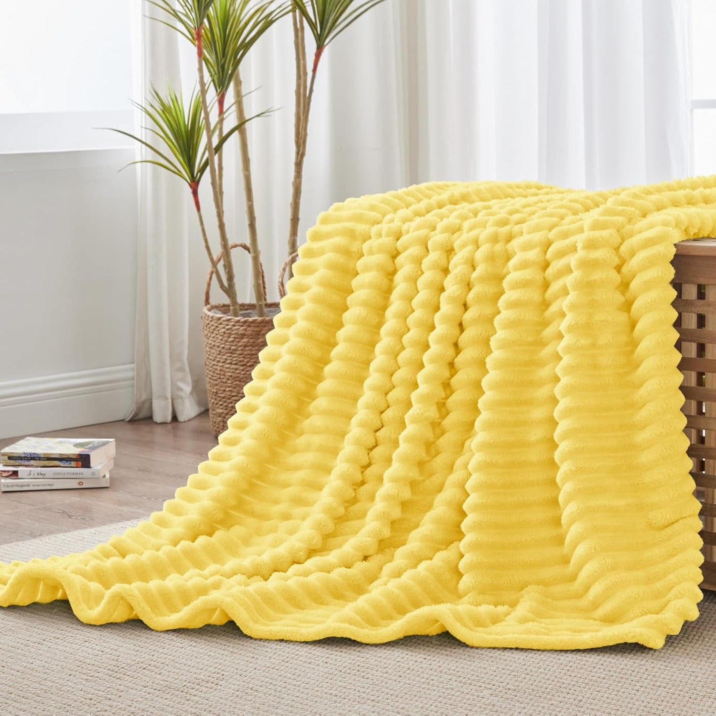 Fleece Throw Blanket for Couch - 300GSM Soft & Warm Fluffy Custard Yellow Blanket, Decorative and Giftable Striped Blankets for Women, Men, 50"x60"