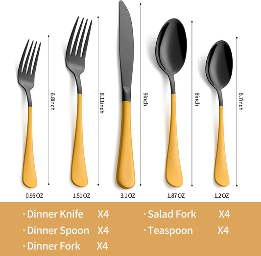 20-Piece Black Silverware Set 18/0 Stainless Steel Silverware Set Yellow Handle Cutlery Set Service for 4 Dinner Knives Forks Spoons Set Flatware Set Finish Dishwasher SafeοΌBlack and YellowοΌ