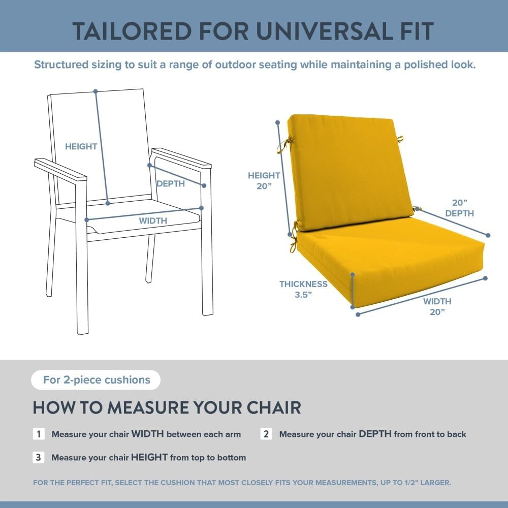 California Umbrella Outdoor Dining Chair, Patio Seat Cushion, 20 x 40 Inch, Premium Outdoor Memory Foam, Fade Resistant, Solstice Olefin Fabric, Fabric Ties, Lemon
