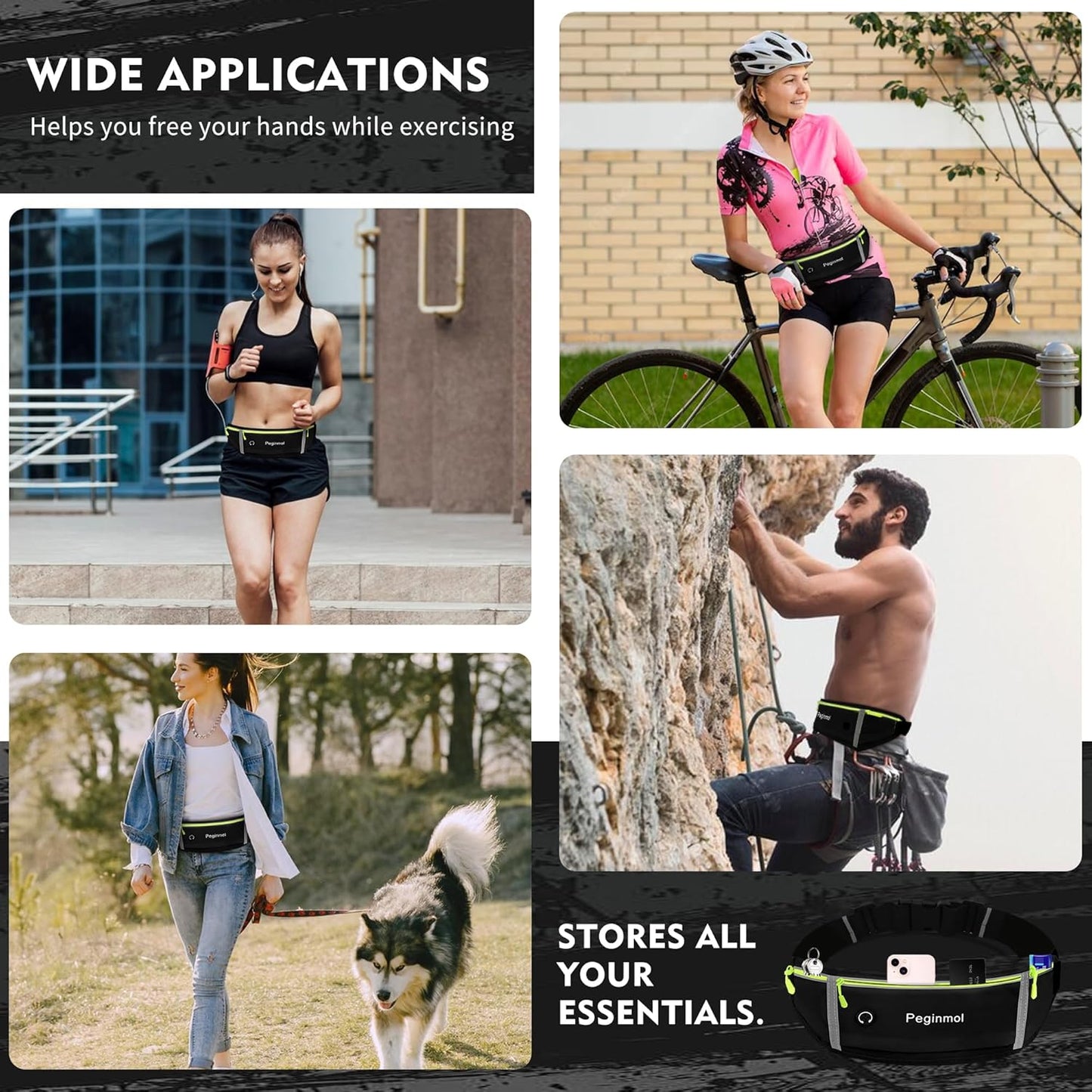 Slim Running Belt Fanny Pack, Waist Pack Bag for Women Men, Running Pouch for Phone Waterproof Reflective with 3 Pouches, Running Phone Holder for Sports, Traveling (Black + Green)