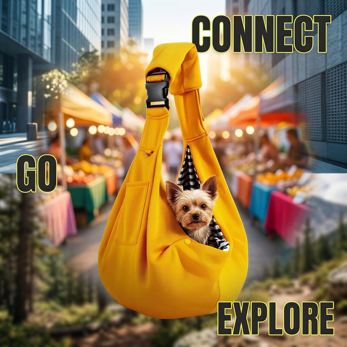 Dog Cat Sling Carrier Bag, Handsfree Pet Sling Carrier for Small Dogs and Cats up to 15 lbs, Adjustable Strap with Padded Shoulder, Safety Hook, Pocket for Travel Walking, Yellow