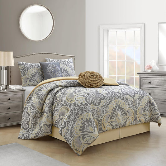 Grey/Yellow Floral King Comforter Set, 6 Piece, All Season Premium Bedding Set, Pillows & Shams, All Season, Home Decor