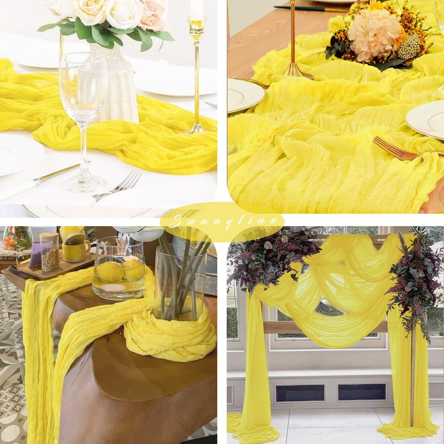 Yellow 6 Pieces Cheesecloth Table Runner 10FT Runner for Tables Gauze Fabric Boho Table Runner Decoration Rustic Sheer Runner for Wedding Shower Birthday Party Table Arbor Decor (35 x 120 Inches Long)