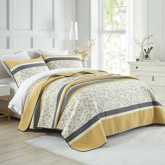Yellow Quilt King Size, 100% Cotton Lightweight Floral 3 Pieces Quilted Bedding Set, Vintage Botanical Striped Bedspread with 2 Pillowshams, Farmhouse Printed Coverlet for All Season