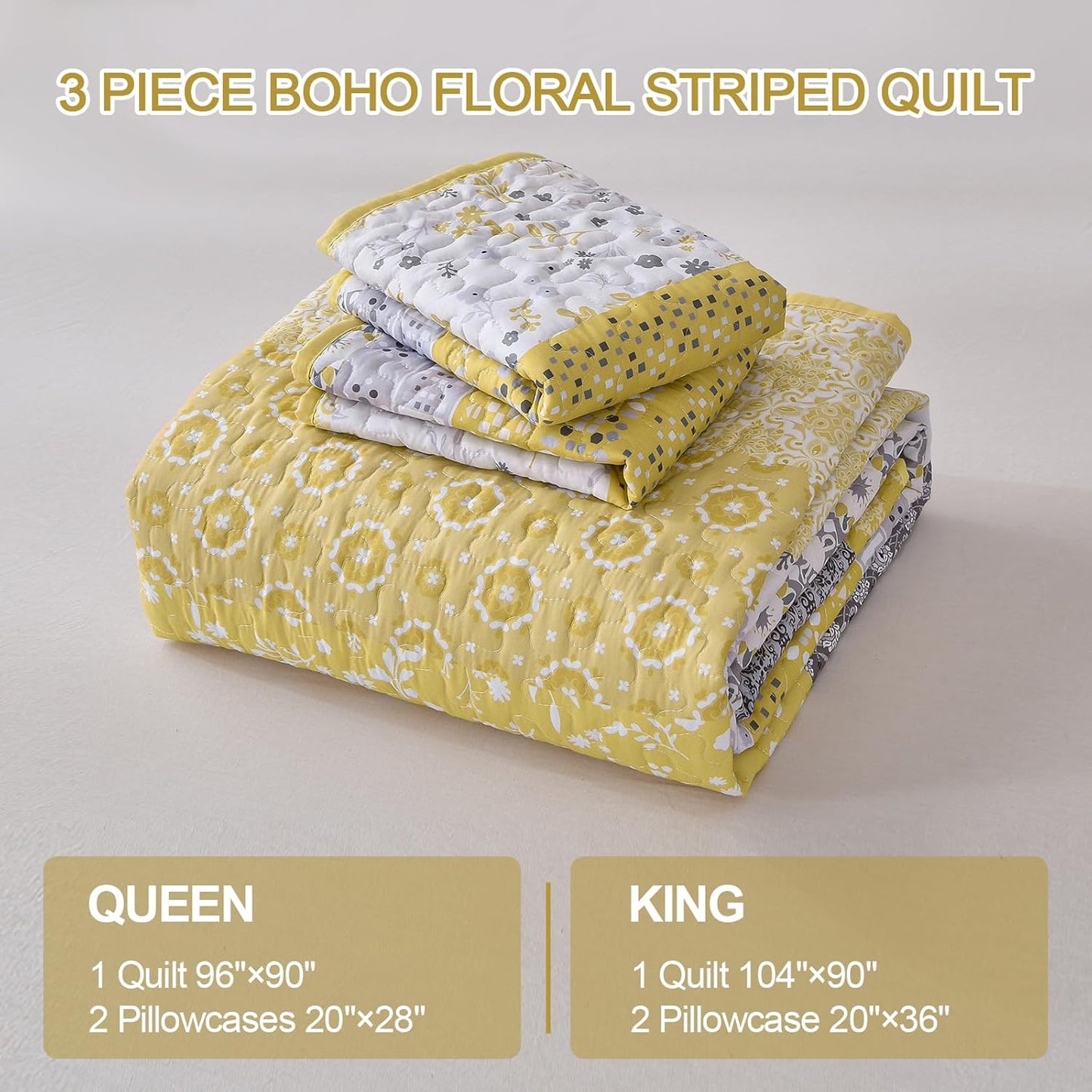 Boho Quilt Set California King, Yellow Bohemian Striped Patchwork Bedspread Coverlet Set with 2 Pillowcases,Lightweight Microfiber Floral Bedding Set 106"×96"