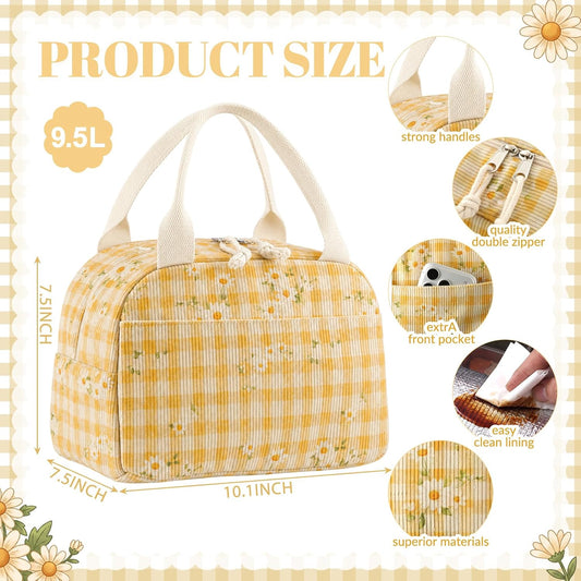Yellow Daisy Lunch Bag Cute Corduroy Insulated Lunch Box for Women Coquette Tote Bag Reusable Large Capacity Cooler Containers Preppy Stuff Gifts for Picnics Travel Outdoor