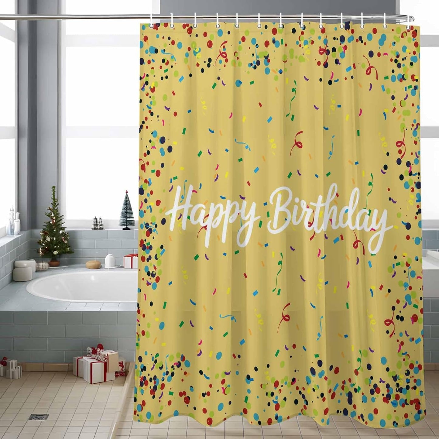 Shower Curtains, Yellow Birthday Fabric Shower Curtains for Bathroom, Colorful Confetti Ribbons Polka Dots Classroom Waterproof Bathtub Curtain with 12 Hooks 60" x 72"