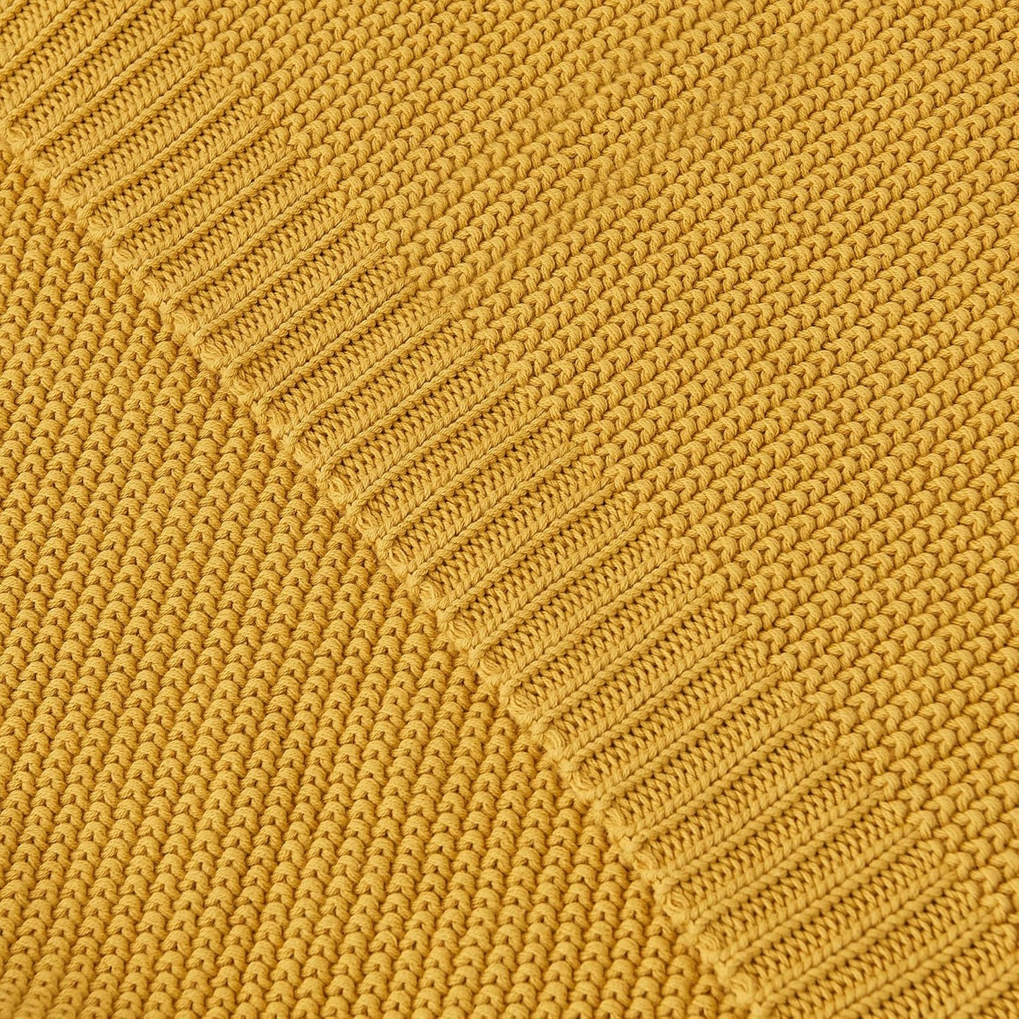 Mustard Yellow Cotton Cable Knit Throw Blanket for Couch Sofa Bed, Home Decorative Lightweight Knitted Blankets with Bonus Laundering Bag, 50“ x 60”, Machine Washable