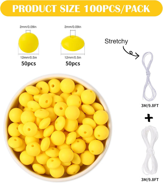 100Pcs Silicone Beads, 12mm Round and Lentil Beads for Keychain, Pen, Necklace, Bracelet Crafts Making, Bright Yellow