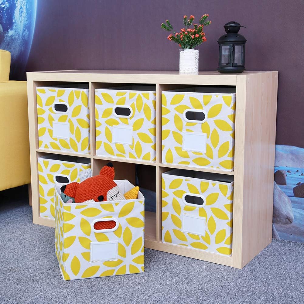 Fabric Storage Bins Cubes Baskets Containers with Dual Plastic Handles for Home Closet Bedroom Drawers Organizers, Flodable, Set of 6 (Yellow)