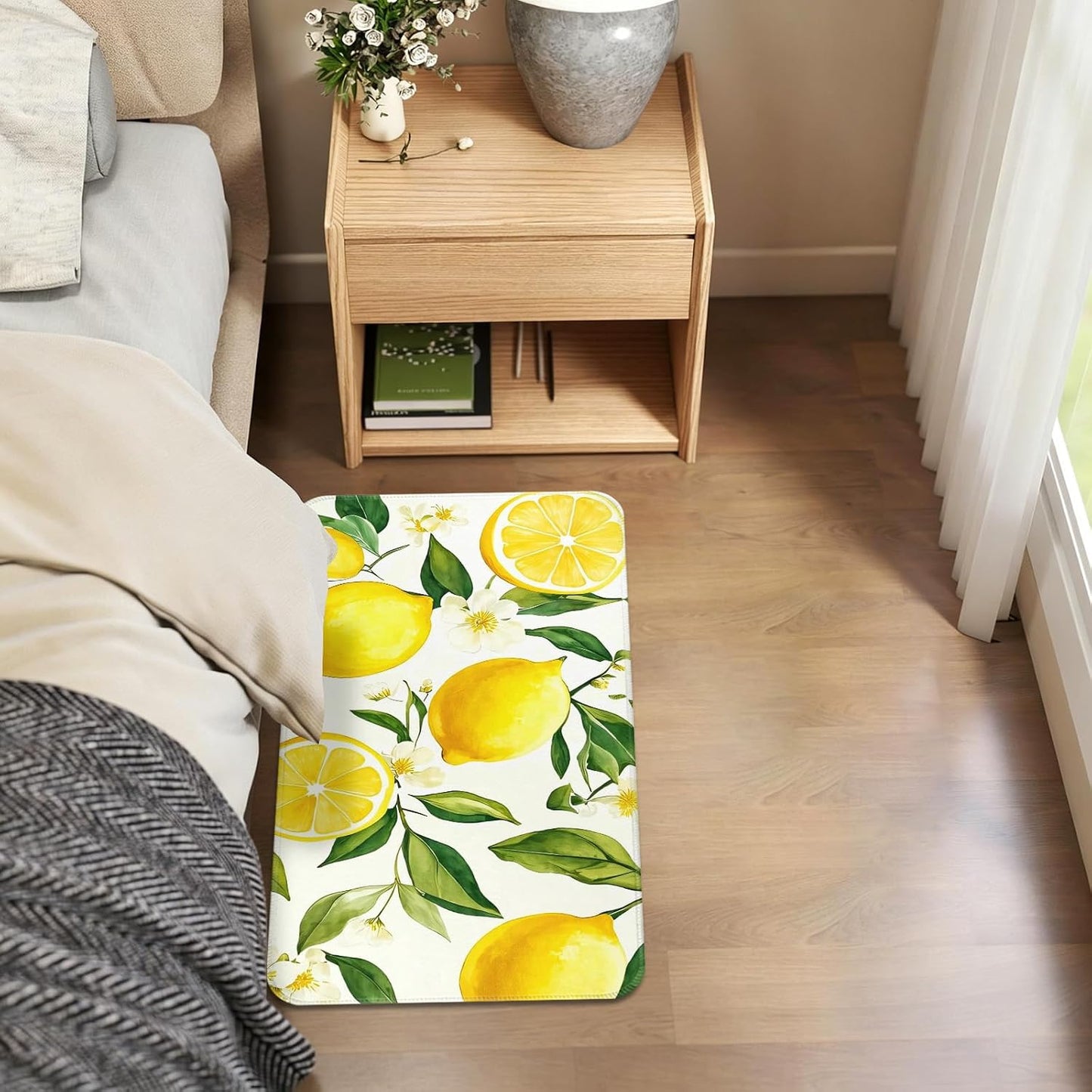 Lemon Kitchen Rugs Sets of 2 Non Slip Spring Summer Yellow White Kitchen Mats for Floor with Rubber Backing Washable Kitchen Runner Rug Carpet 17"x47"+17"x30" for Hallway Laundry