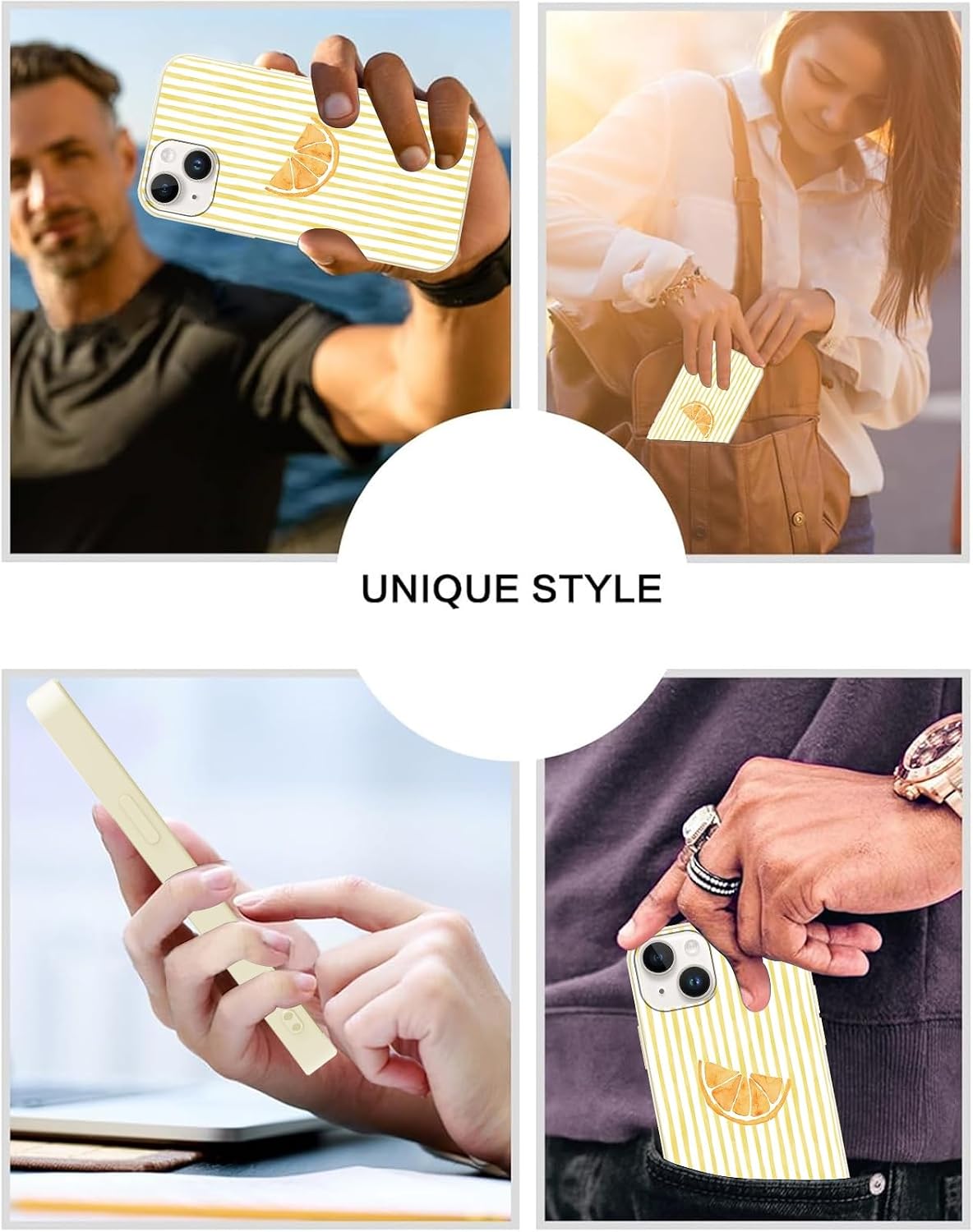 for iPhone 13/iPhone 14 6.1'' Cute Aesthetic Yellow Summer Stripes Collage Phone Case, Simple Line Lemon Slices Design Phone Cover Soft Frame TPU Protective Shockproof Case for Women Girls