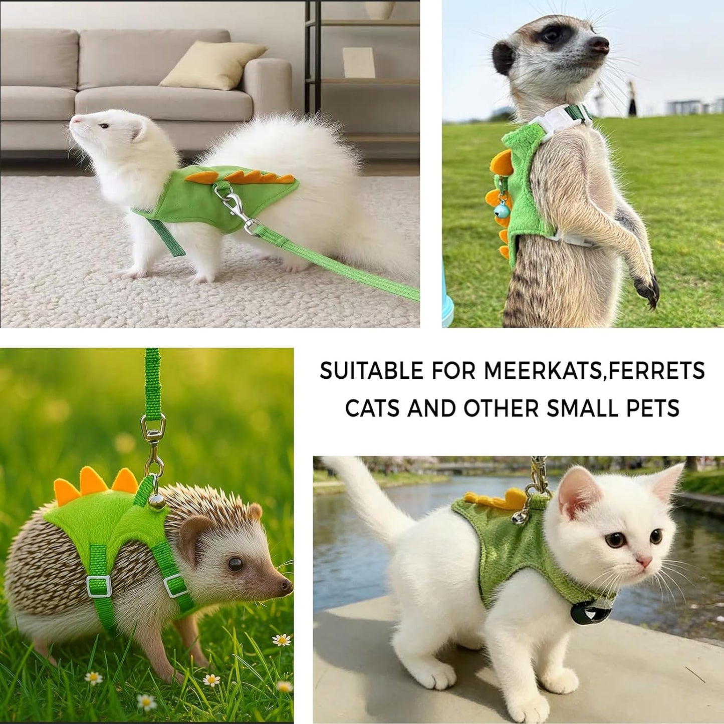 Harness and Leash Set for Small Pets, Dinosaur Shaped Vest Harness, Adjustable Soft Plush Vest with Bell for Guinea Pigs, Ferrets, Hamsters, Hedgehogs - Safe Outdoor Walking Adventure Gear,Yellow
