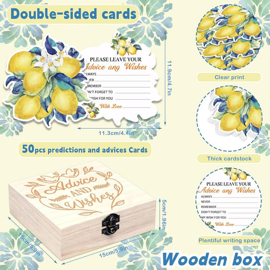 Wooden Collection Box Wedding Party Use,60 Pcs Lemon Bridal Shower Decorations with Wooden Keepsake Box, Advice and Wishes Cards Set, Lemon Themed Party Decorations for Wedding, Citrus Bridal Shower