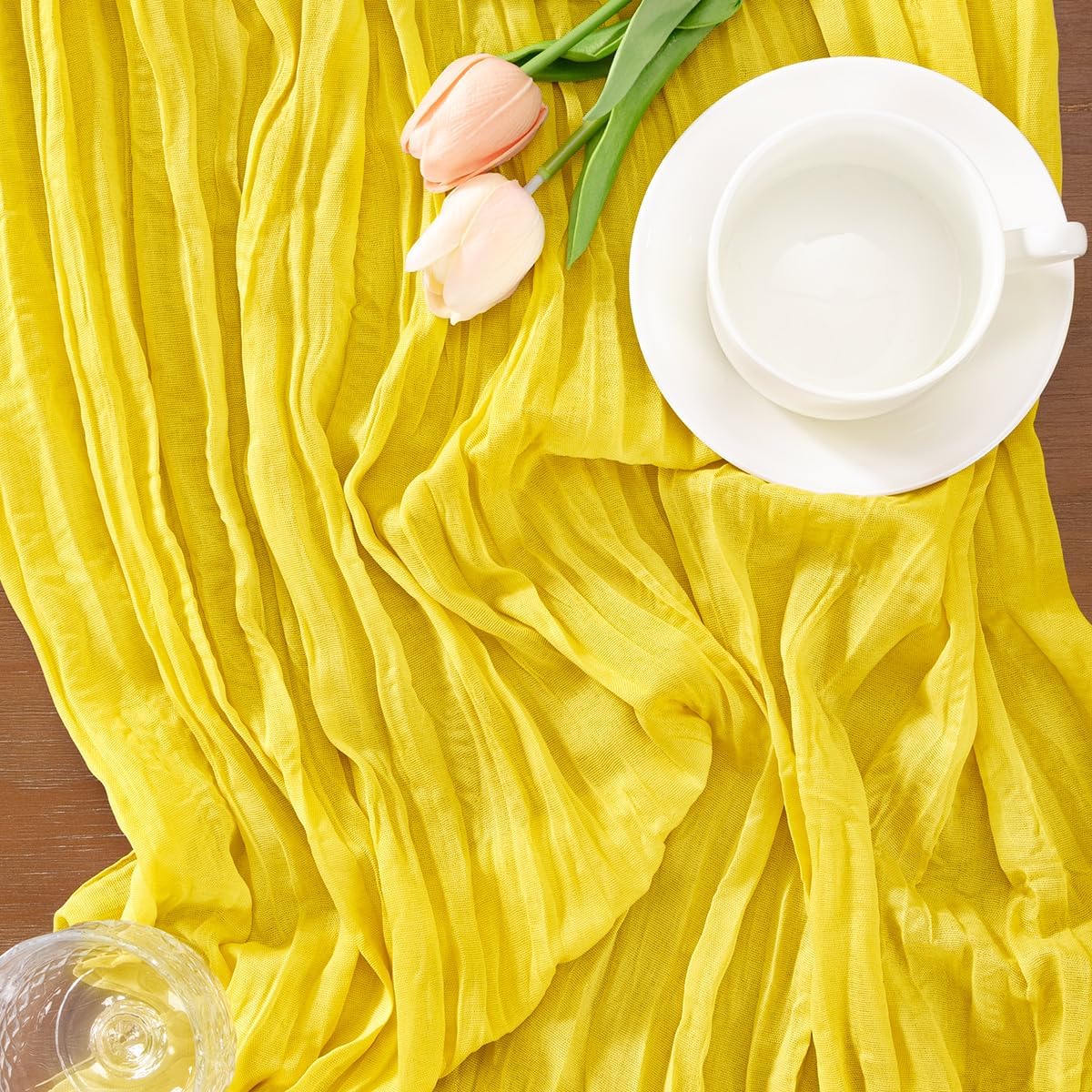 4 Pack Lemon Yellow Cheesecloth Table Runner 17×108 Inch Wrinkled | Sheer Boho Gauze Cheese Table Runner, for Summer Birthday Wedding, Bridal Baby Shower Holiday Home Decoration